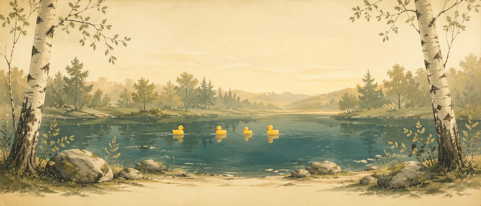 A small forest pond with a cluster of yellow rubber ducks